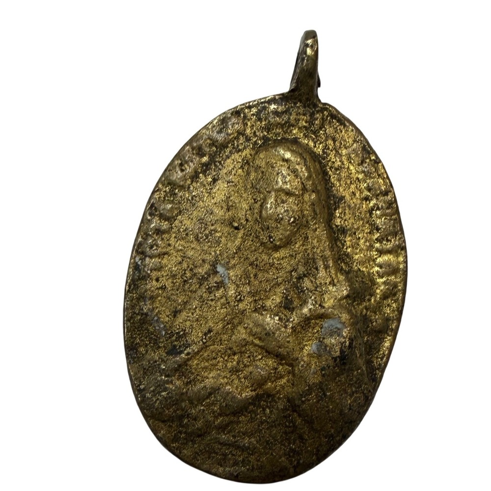 Vintage Virgin Mary Religious Medal Pendant Gold Tone Oval Devotional Charm